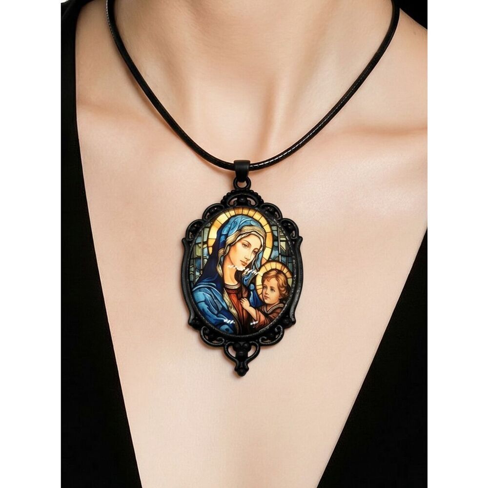 Madonna & Child Cabochon Stained Glass Portrait Pendant Mary Jesus Cord Necklace